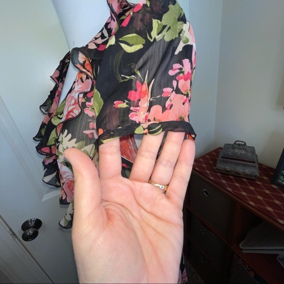 MSK Sheer Floral Faux Wrap Midi Dress Ruffle Neck 6 - Picture 8 of 17